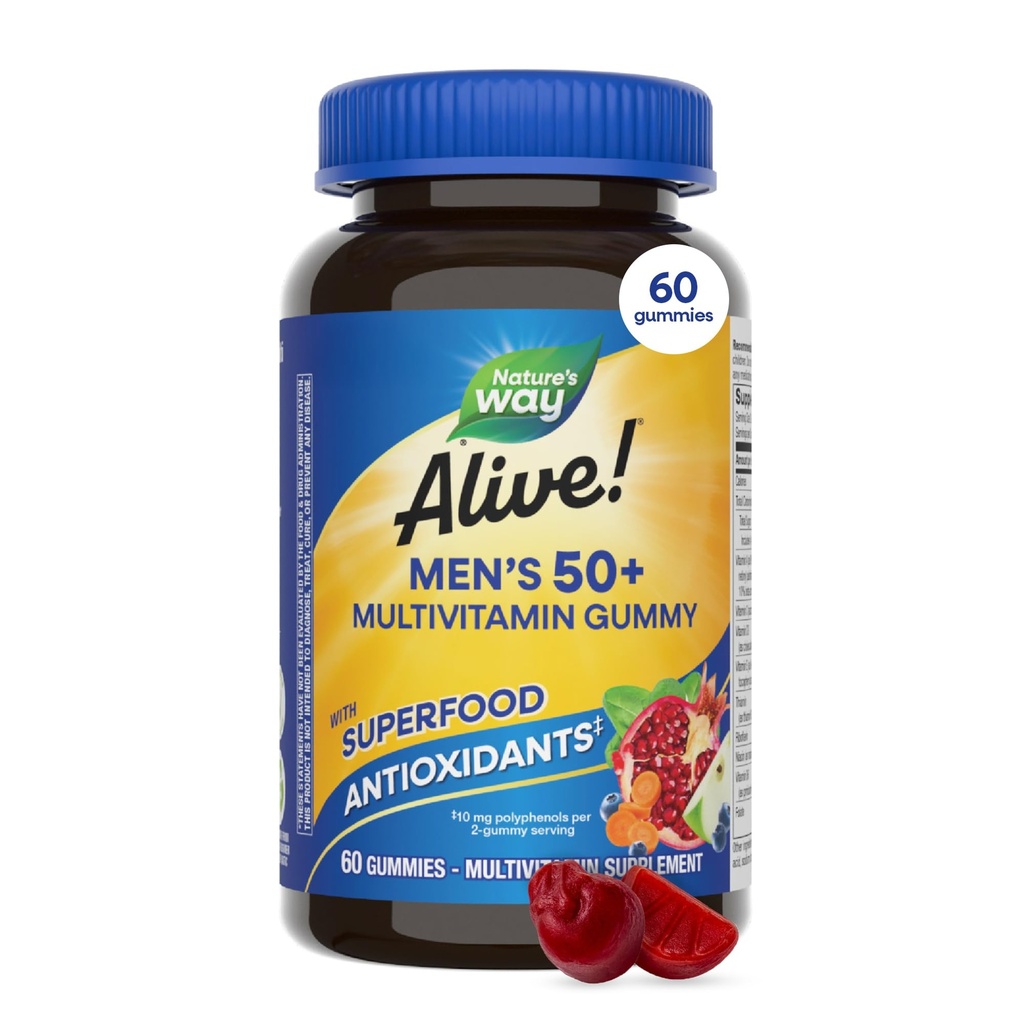 Nature 's Way Alive! Men' s 50 Plus Multivitamin Gummy, Codzienne Chewable Multivitamin dla mężczyzn z witaminy B- Witaminy, Witamina D3 i Cynk, Wspomaga serce, Eye & Energy Metabolizm, * Fruit- Flavored, 60 Gummies