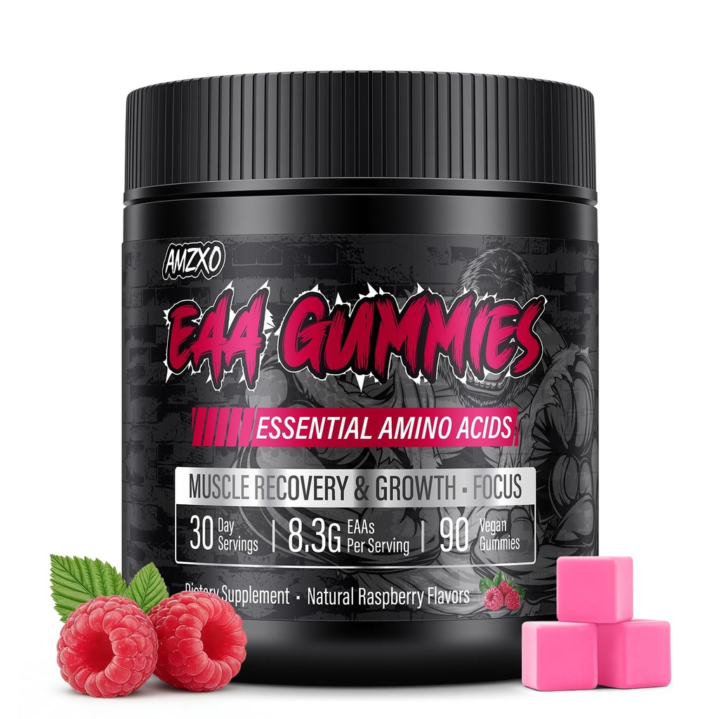 EEAA Gummies - 2: 1: 1 BCAA Formuła (8300mg) - Podstawowe aminokwasy do odzyskiwania mięśni i Endurance - Non-GMO, Gluten Free, Cukier wolny, Wegetarianin, Malina Flavor - 90 Hrabia