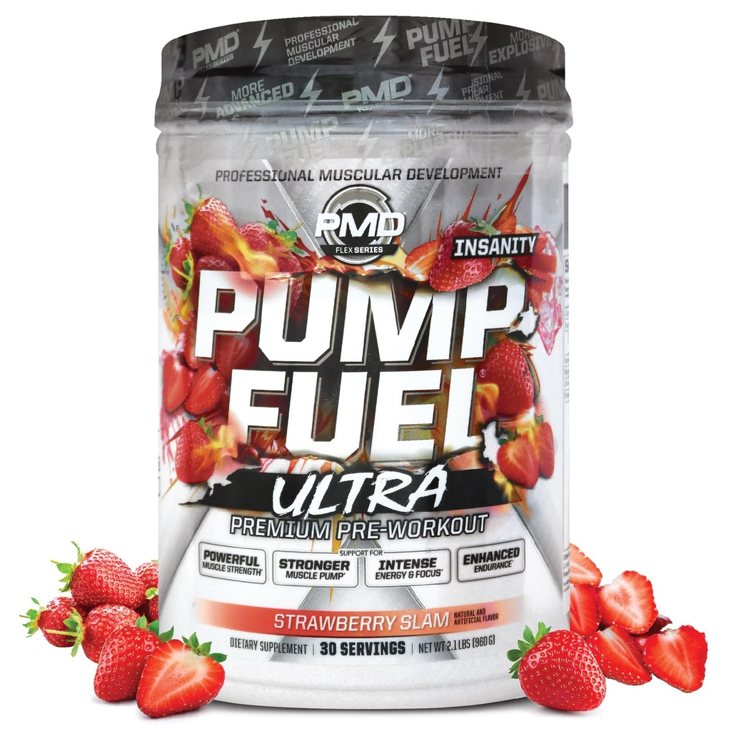 PMD Sports Pump Fuel Ultra Insanity - Premium Pre Workout Powder & Muscle Pompa, Greater Focus, Endurance & Recovery, Premium Creaine, Arginine & Beta Alanine - Truskawka Slam (30 Servings)