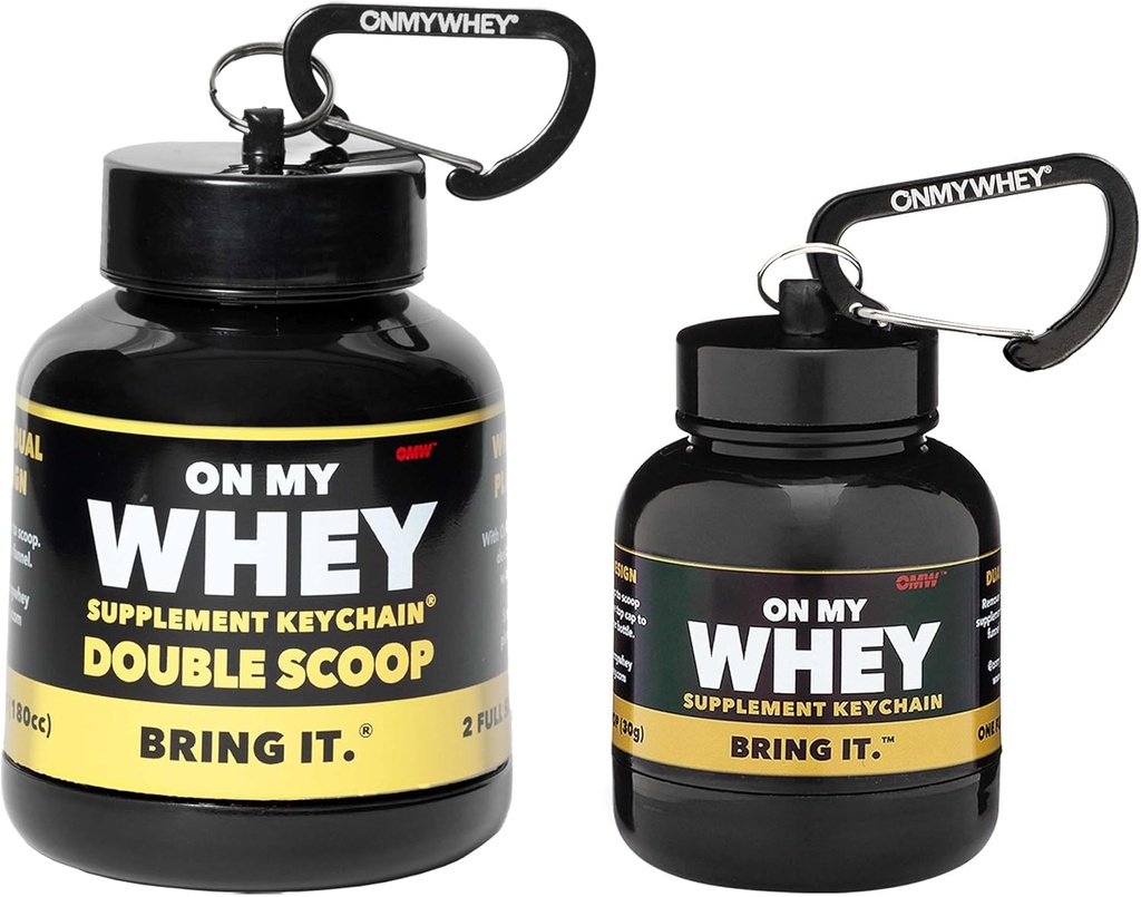 OnMYWHEY Powder Container To Go - Podróże wodny lejek do mieszania butelek, Przenośny suplement do treningu kontener i lejki, Mini Pretrening Suplementy Holder Keychain Butelki