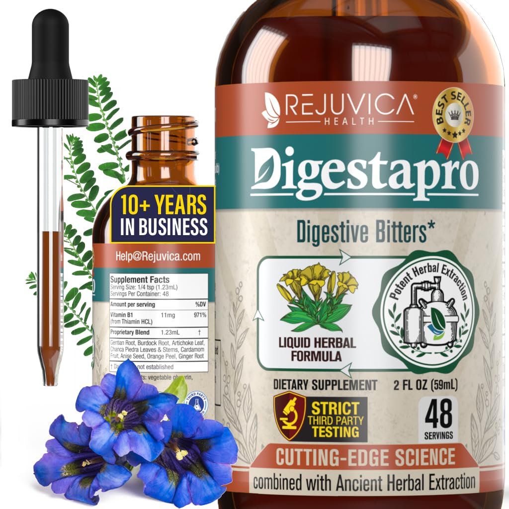 Rejuvica Health DigestaPro - Advanced Digestive Bitters Supplement - Liquid Delivery for Better Absorption - Gentian, Artiduck, Burdock, Chanca Piedra, Ginger & More!