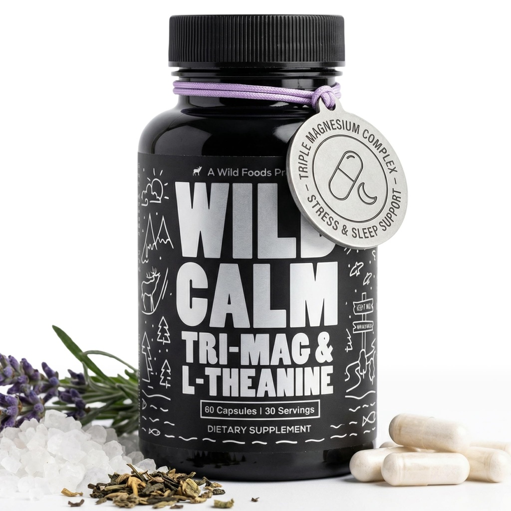 Wild Foods 3 in 1 Magnesium Glycinate L Theanine for Calm Sleep & Muscle Relaxation - Glycinate, Malate, Taurate - 100% Natural Magnesium Complex for Women and Men - 60 Capsules