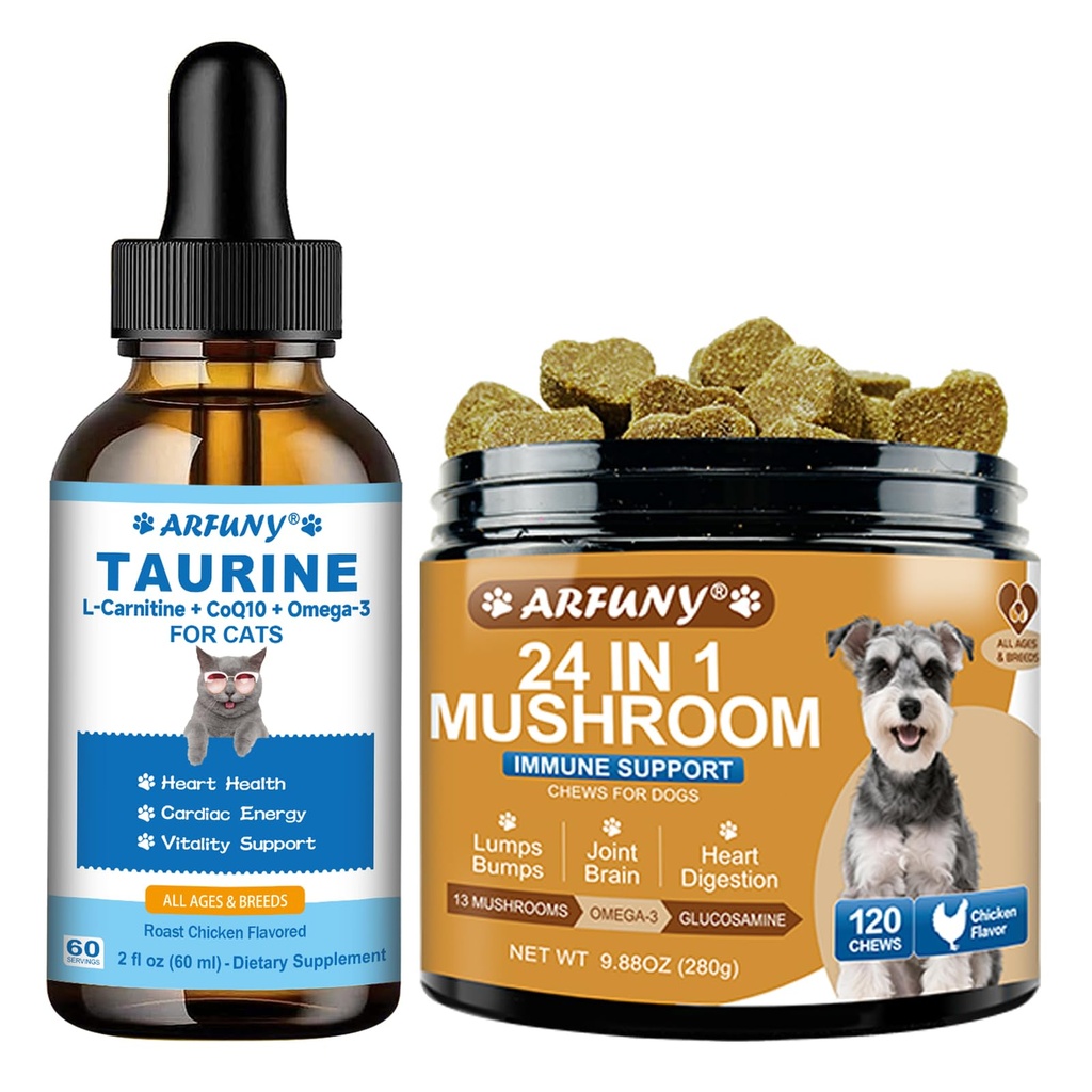 Taurine Supplement for Cats & Dog Mushroom Chews - for Cat Heart Health, Cardiac Function Support - for Dog Lumps & Bumps - Gut, Hip, Joint, Skin, Coat, Immune Health