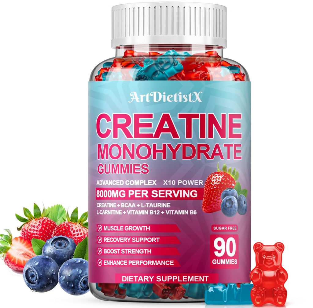 Monowodzian kreatyny 8000mg Gummie z BCAA, L- Karnityna, Tauryna i Witamina B12 - Suplement do ćwiczeń przed wzrostem mięśni, Siła i energia, Gummie wielosmakowe do żucia, 90 Hrabia dla mężczyzn i kobiet