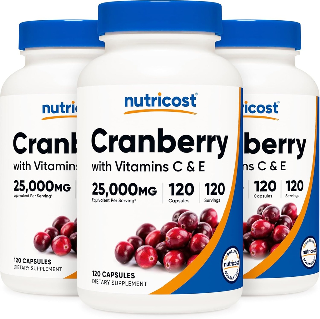 Nutricost Cranberry Extract 25,000 mg (120 Servings) 3 Butelki z witaminą C & E