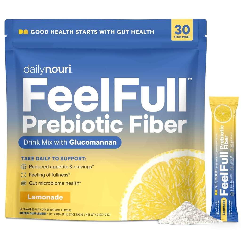 Codziennie Nuri FeelFull Prebiotic Fiber Drink Mix 124; Wspiera naturalną pełnię, Apetite & Crainges Control, Gut & Metabolic Health Agregates 124; Oligofruktoza, Glukomannan & Chromium Agregat 124; 30 Stick Packs