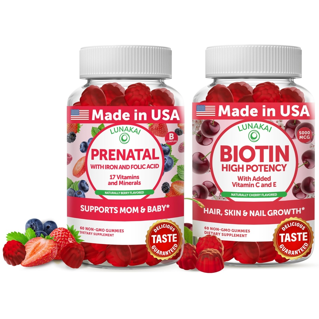 Lunakai Prenatal i Biotin Gummies Bundle - Ciąża Multivitamin Gummy z żelaza i kwasu foliowego - Włosy skóry i paznokci Suplement wzrostu z witaminy C i E - 30 Days Supply