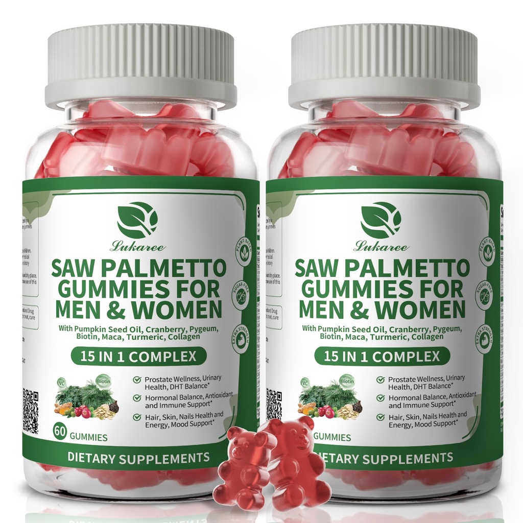 Lukaree Saw Palmetto for Men & Women, 15 in 1 Saw Palmetto Extract Gummies with Pumpkin Seed Oil, Prostate Health Supplements for Men, Advanced DHT Blocker, Hair & Urinary Health Support, 2 Pack