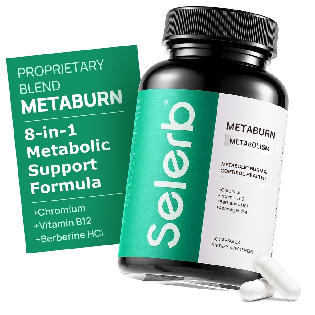 Selerb Metaburn Weight Loss Pills for Women & Men - Appetite Suppressant & Fat Burner, Metabolic Support Weight Loss Supplement with Berberine, Chrom, Green Tea & B12- 60 kapsułki
