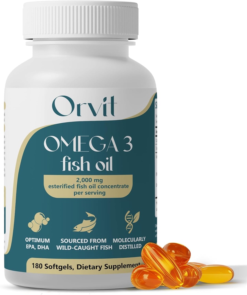 ORVIT Omega 3 Fish Oil Softgel 2000 mg - Ultimate EPA DHA Supplement for Men and Women - Burless - No Fishy Taste - Unflavored 180 Softgels - Organic, Non GMO - Made in The USA