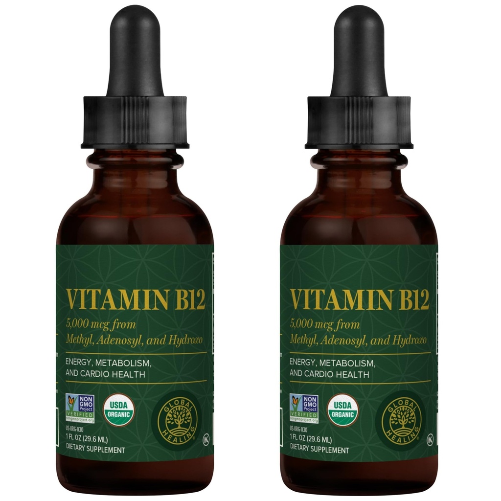 Global Healing Center - witamina B12 5000 µg, organiczne podjęzykowe krople płynne 124; 3- in-1 Methylcobalamina, Adenosylcobalamina, Hydroxo Blend, 1 Fl Oz (2- Pack)