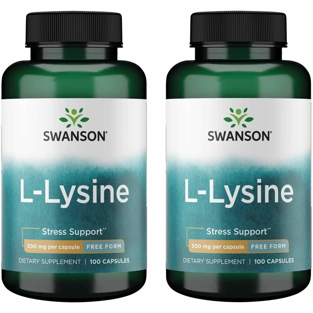 Swanson Free Form L-Lysine 500 mg, 100 Capsules, 2 Pack | Supports a Healthy, Natural Response to Daily Stress, Supports Nervous System Health, Provides Antioxidant Support, Non-GMO