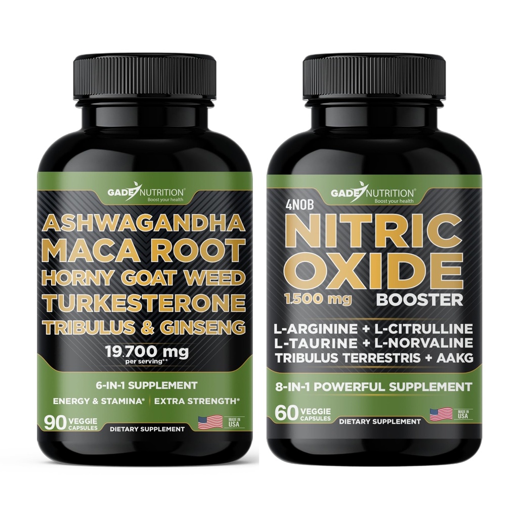 Gade Nutrition Ashwagandha z Maca Root, Horny Goat Weed, Turkesteron, Tribulus Terrestris, Panax Ginseng + Nitric Oxide Booster - Bundle for Energy, Witalność, Wydajność, Pompa