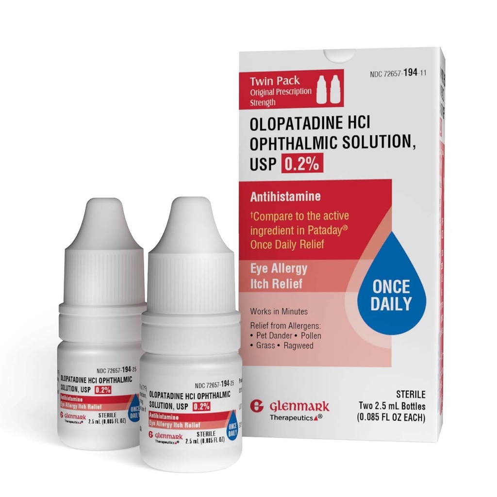 Glenmark Therapeutics Once Daily Olopatadine Eye Drops for Allergies, Redness Relief, Antihistamine, Allergy Relief from Pet Dander, Pollen, Grass, Ragweed, Olopatadine HCl 0.2%, 2.5ml (Twin-Pack)