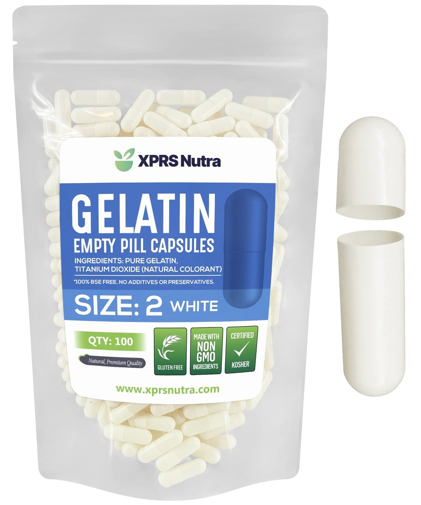 XPRS Nutra Rozmiar 2 Puste kapsułki - 100 Hrabia Puste kapsułki żelatynowe - Pigułki Diy Kapsułka Napełnianie - Czysty żel piórowy dla bydła Kapsułki Do- It- Yourself Supplements (Biały)
