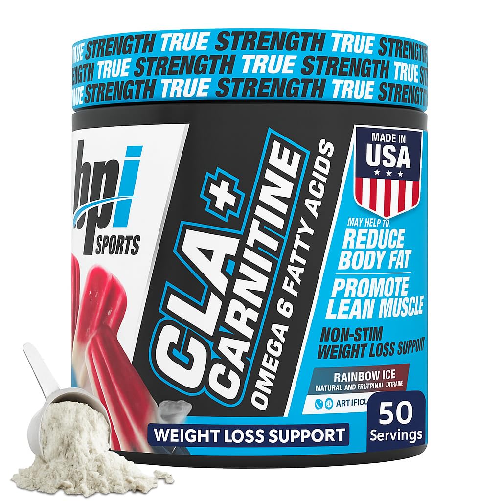 BPI Sports CLA + Karnityna w proszku - Niepobudzający spalacz tłuszczu do utraty masy ciała, Metabolizm i Chude Mięśnie - Kofeina wolna - Rainbow Ice - 50 Służenie - 12.34 oz