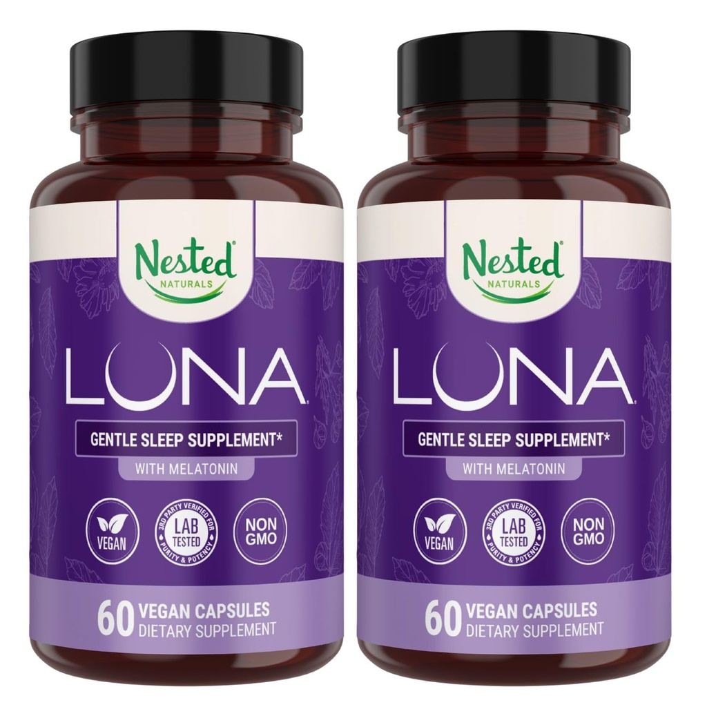 Nested Naturals Luna Sleep Aid - Non- Habit Forming Natural Sleeping Pills dla dorosłych z naturalnie zasolone składniki - Valerian Root, Melatonin, Rumianek, Lemon Balm i więcej - 120 Kapsułki Vegan