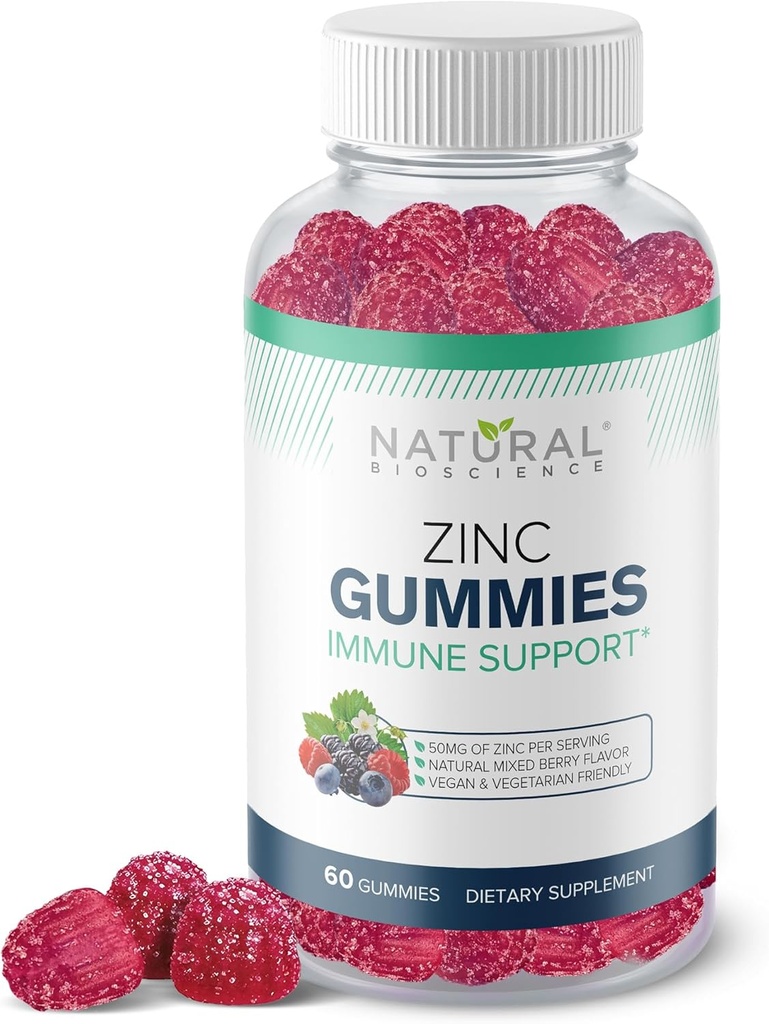 Gummie cynkowe 50mg - Wysoka potencja immunologiczna Wsparcie, Zdrowie skóry, Przeciwutleniacz, Codzienne uzupełnienie odporności dla dorosłych, Wegan, Gluten- Free, Nie-GMO, Gummeje Cynk do żucia, 60 Gummeje