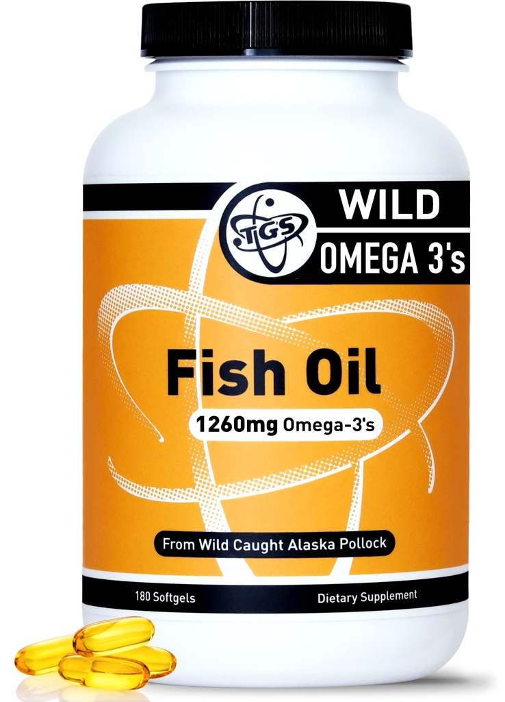 TGS Triple Strength Omega 3 Fish Oil Supplement - 1260mg EPA DHA dla mężczyzn i kobiet - Burless, Pure Omega 3 Fatty Acids from Wild Alaska Pollock in Trigliceryde Form - 180 Kapsułek, 90 Sług