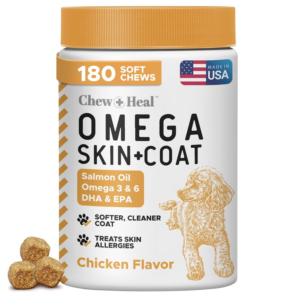 Olej łososiowy dla psów - 180 Soft Chew Omega Treats for Skin and Coat - Fish Oil Mix of Esential Fatty Acids, Omega 3 and 6, Witaminy, Przeciwutleniacze i Minerały - Made in USA