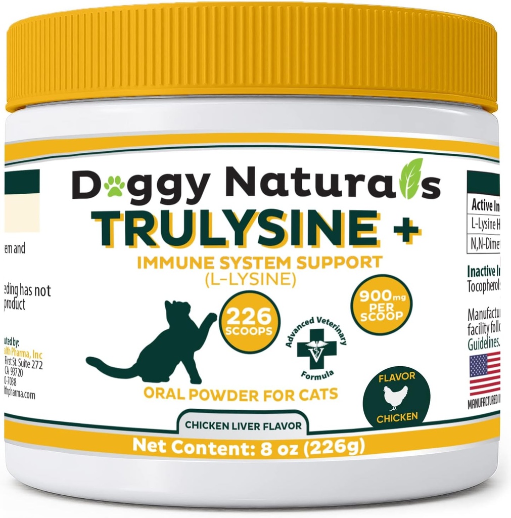Trulysine Plus L- Lysine dla kotów immunologiczne wsparcie proszek doustny 8oz / 226g - koty i kociaki w każdym wieku, kichanie, wycieranie z nosa, watery eyes Chicken Liver Flavor (U.S.A) (226 Grams (900mg / Scoop))