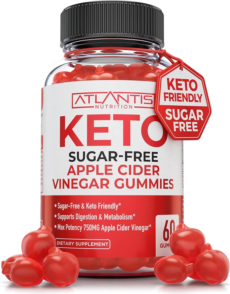 Atlantis Nutrition Sugar- Wolny od Keto Gummies ACV dla utraty wagi - Jabłko Cydr Gummeje ocet uformowane z 750MG ACV na serwowanie - Wspiera trawienie, utrata masy ciała, Detox & Cleansing - 60 Count