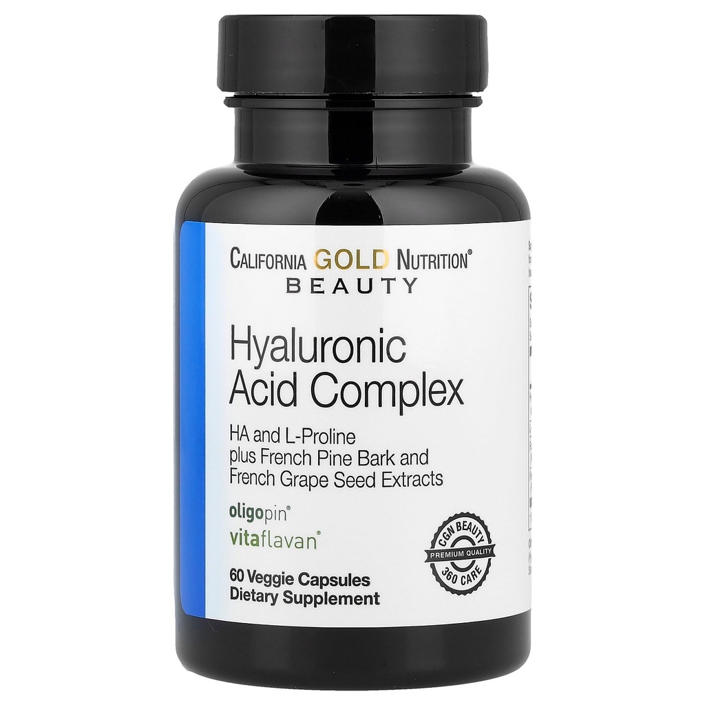 California Gold Nutrition Hyaluronic Acid Complex with L-Proline, French Grape Seed and French Maritime Pine Bark Extract, 60 Veggie Capsules