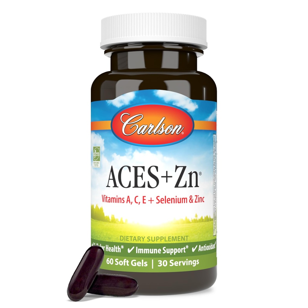 Carlson - ACES + Zn, Witaminy A, C, E + Selen i cynk, Zdrowie komórkowe i wsparcie immunologiczne, Przeciwutleniacz, 60 Softgels