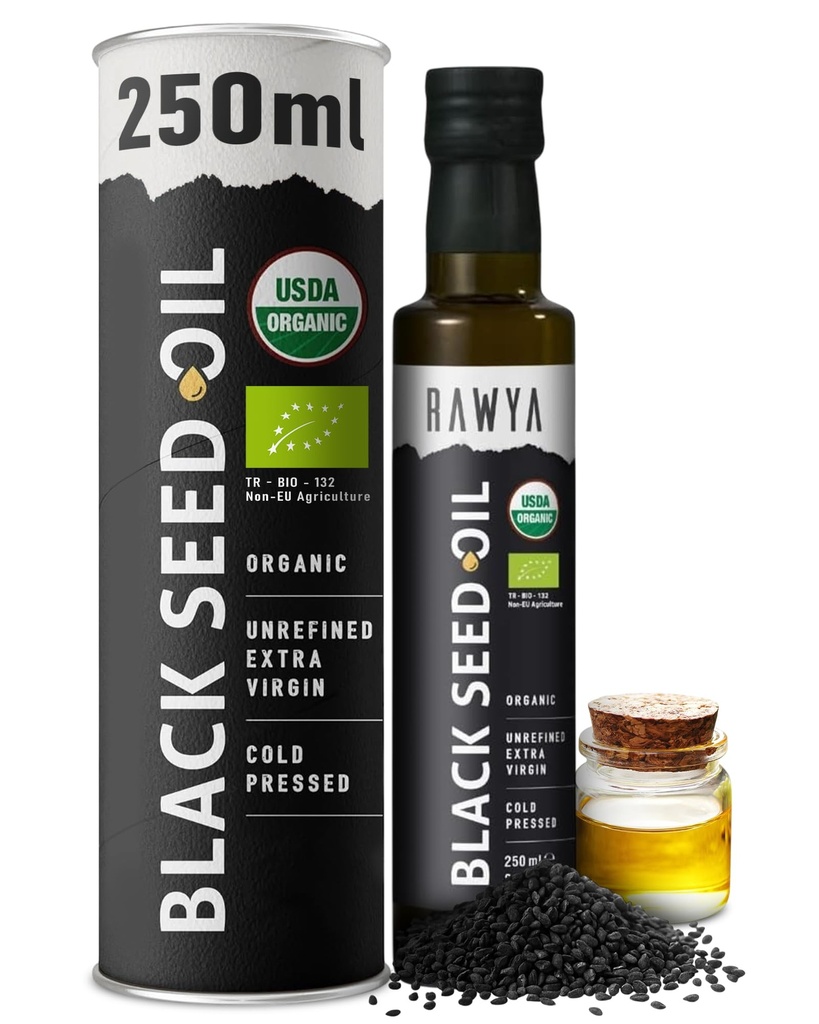 RAWYA Black Seed Oil - USDA Organic Certified - Cold Pressed - 8.4 Fl oz - Extra Virgin - Turecki Czarny Kmin Seed - Premium Nigella Sativa with Thymoquinone - Kalonji - Non-GMO, Gluten- Free - Suplementy odżywcze - Extra Strong Taste