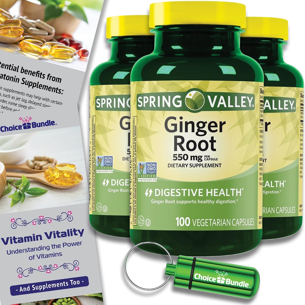 Choice Bundle Spring Valley Ginger Root Digestive Health Dietary Supplement Capsules, 550 mg, 100 Count 3 pk (300 Total) + Vitamin Vitality & Pill Container (5 Items)!