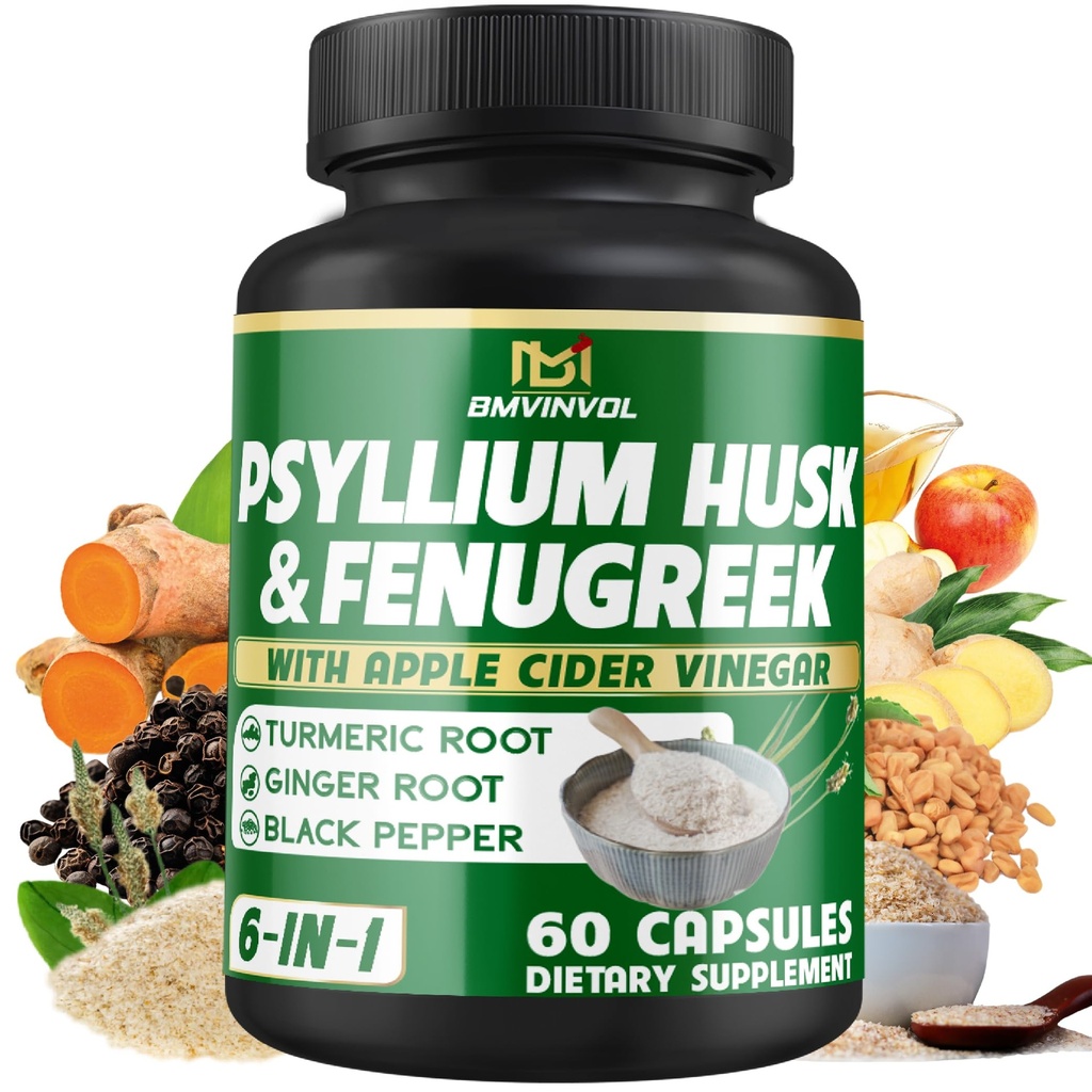 BMVINVOL Psilium Husk Fiber Suplement t z kozieradką, Jabłko Cydr Ocet, Turmeric, Ginger, Czarny Pepper- Pokarm Wsparcie zdrowia - 60 Kapsułki
