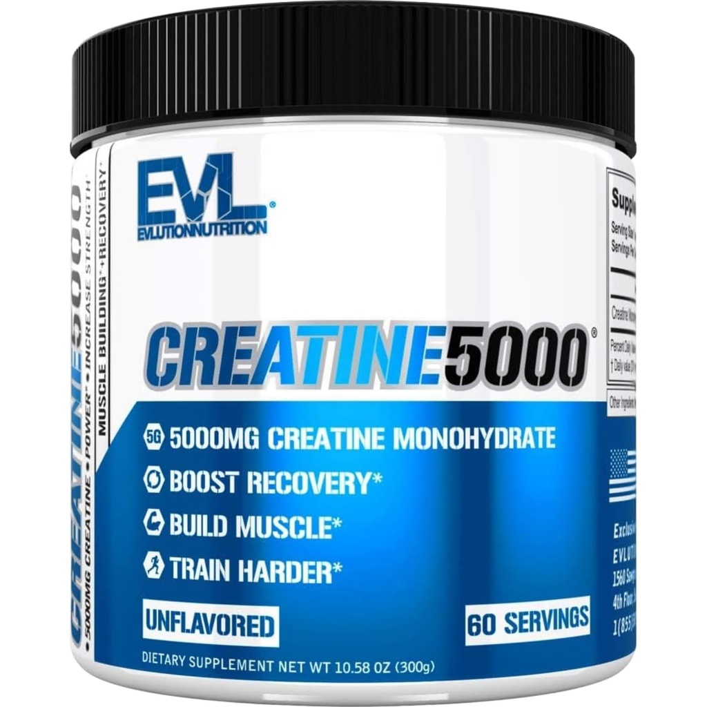 Evlution Nutrition Creaine 5000 - Wspiera szybszą regenerację, Lean Muscle Growth & Performance - Przed & Post Workout Proszek - 5000mg Pure Creature Monhydrate Per Serving - 60 Servings - Unflavored