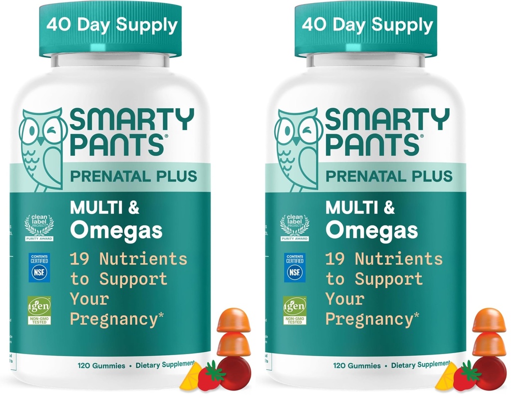 SmartyPants Prenatal Multivitamin Gummies, Omega 3 (DHA / EPA), Metylfolat, Biotyna, Witamina D3, C, Witamina B12, B6, A, K & Zinc, Gluten Free, 120 Count (40 Day Supply) (Opakowanie po 2)