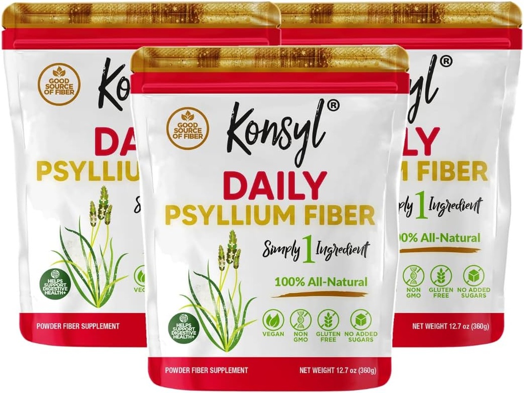Konsyl Daily Psyllium Fiber, 3 Pack, 360g Gusset Bag, Gluten Free, Nie GMO, Keto Friendly, Unflavored, Easy Mixing Fiber