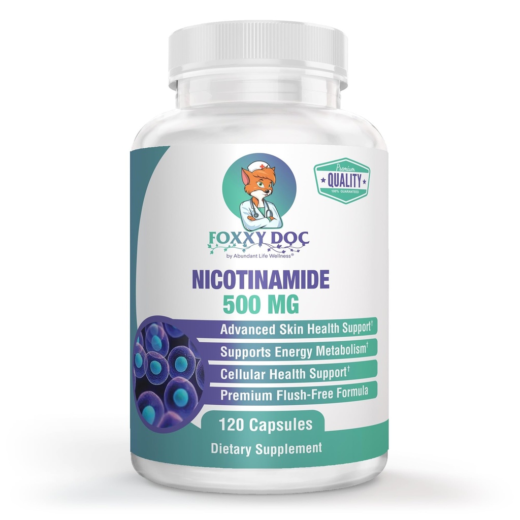 Nicotinamide 500 mg - Vitamin B3 – Energy; Cell & Skin Health. Value Priced - Flush-Free - 120 Veggie Caps by Foxxy Doc