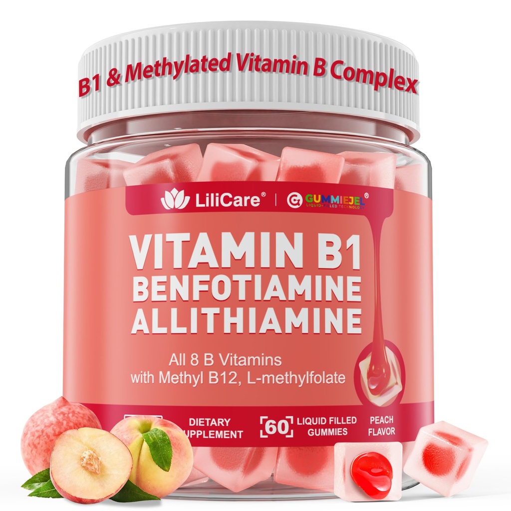 Witamina B1 i Metylowane Gummie Złożone Witaminy B - Wszystkie witaminy B, benfotiamina, tiamina i inozytol, Metylowana B1 B2 B6 Multiwitaminy, L- metylofolan, Metyl B12 dla Nerve Cognition Energy, 60 Ct