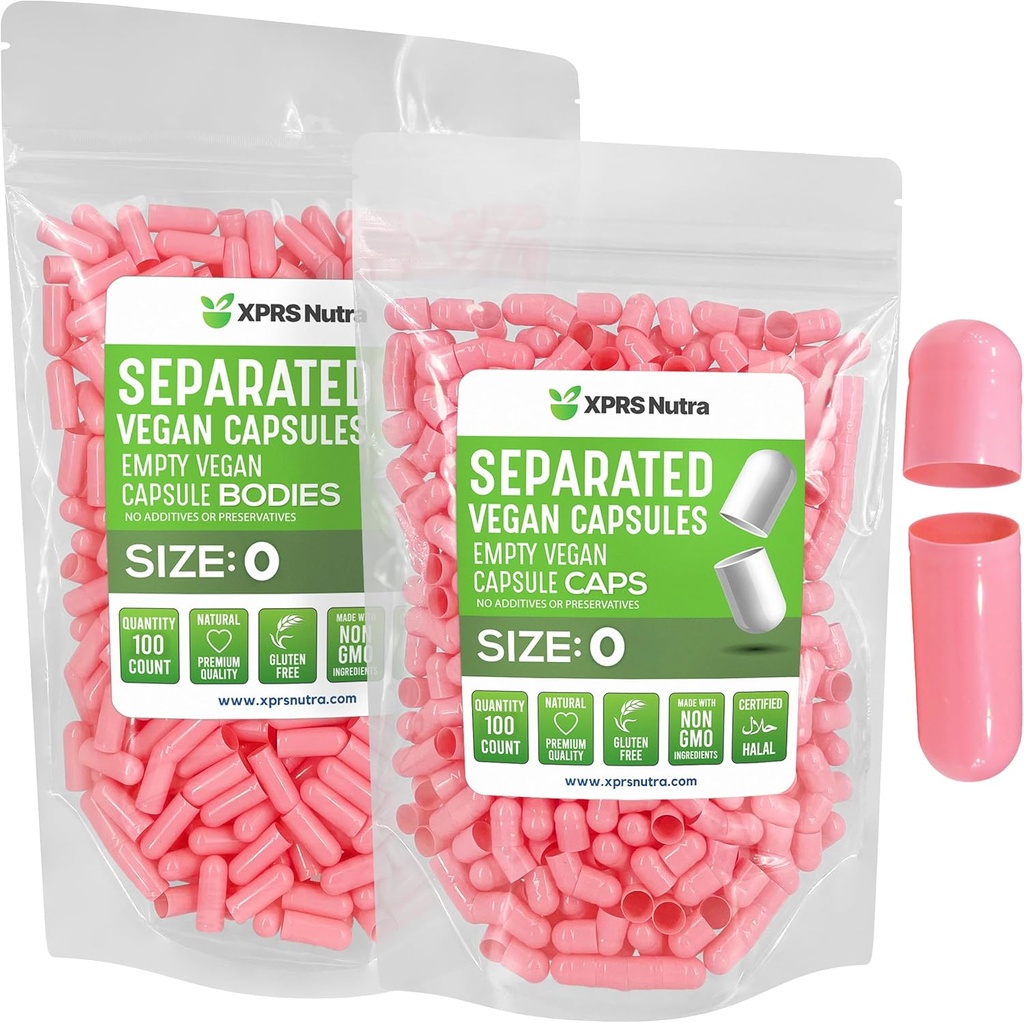 XPRS Nutra Vegan Rozmiar 0 Kapsułki oddzielone - 100 Hrabia Premium Kapsułki puste Separowane w workach - Tabletki 0 Puste do napełniania suplementu DIY (różowy)