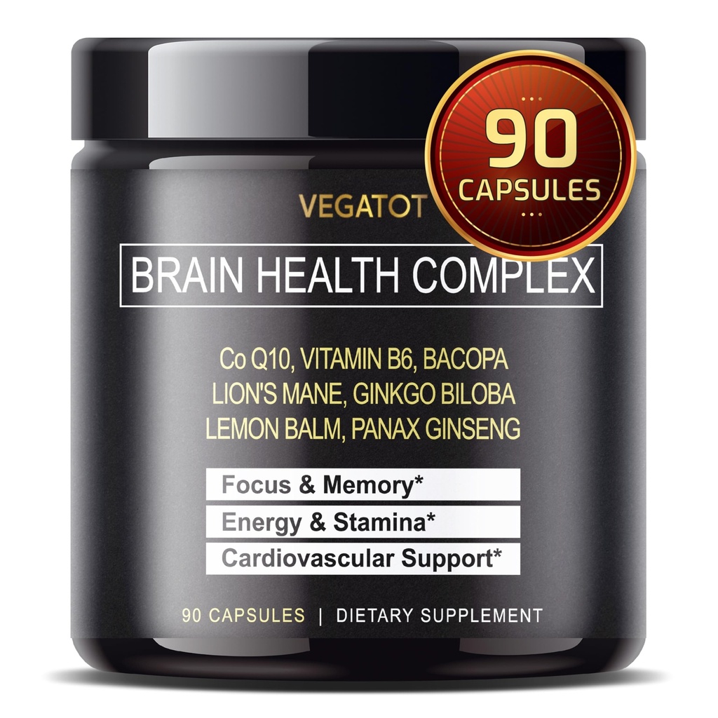 VEGATOT Brain Booster Brain Health Complex Supplement Concentrated with CoQ- 10 VIT B6 Lion 's Mane Ginkgo Biloba Lemon Balm Ginseng - Focus Memory Energy