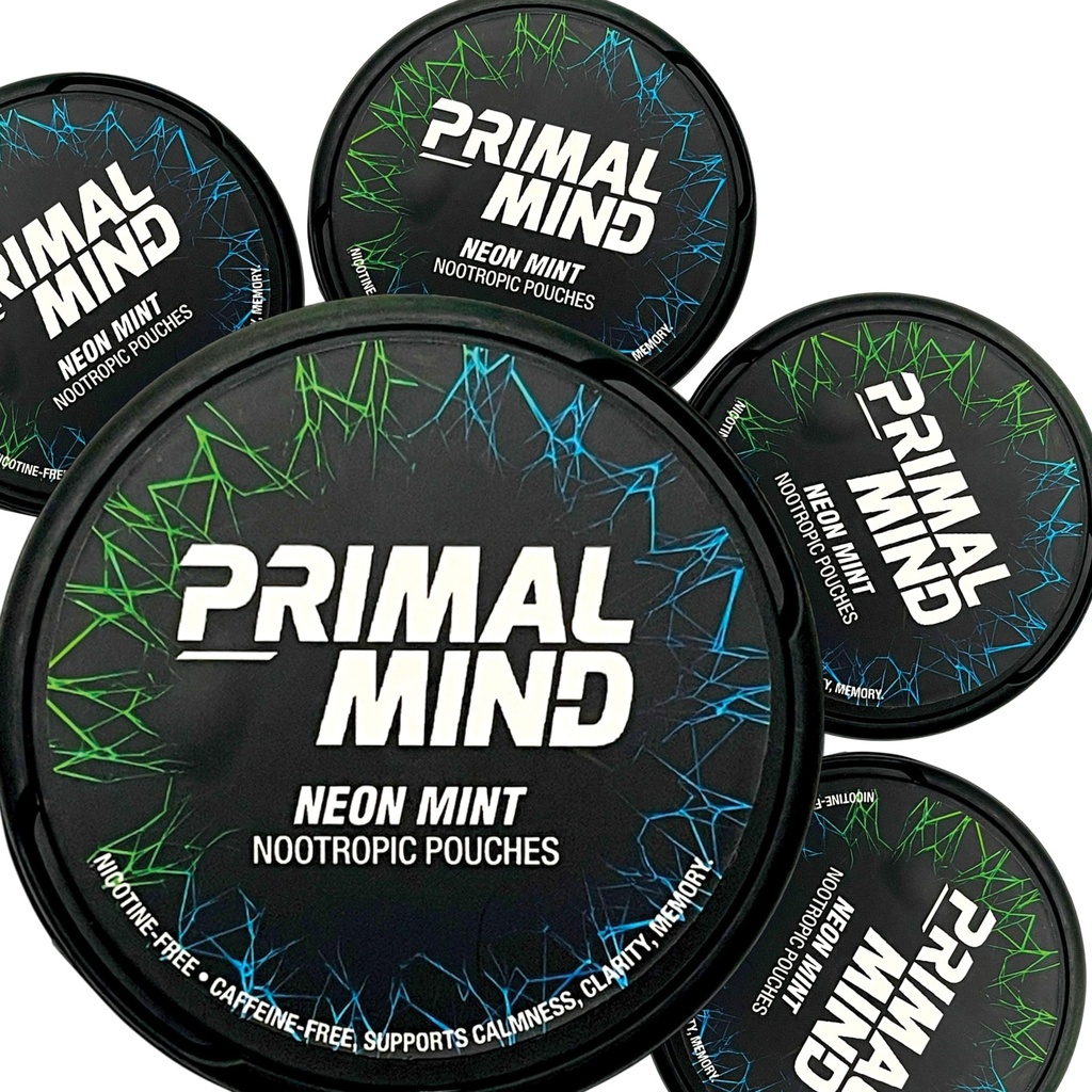 Primal Mind Neon Mint - Stimulant- Free Calm Focus Pouches Ingel124; L- Theanine + Bacopa Monnieri + Ginkgo Biloba Ingel124; Nicotine- Free, Caffeine- Free Ingel124; 20 Pouches Per Can (100 Razem w 5- Pack)