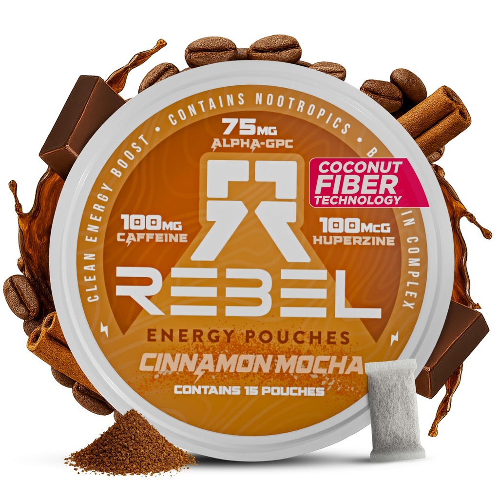 Pouchy kofeinowe (Cinnamon Mocha) • 100 mg kofeiny • Alpha GPC • Huperzine A & Esential Vitamin • Bez cukru • Technologia włókna kokosowego • 15 Pouches per Can (opakowanie po 1)