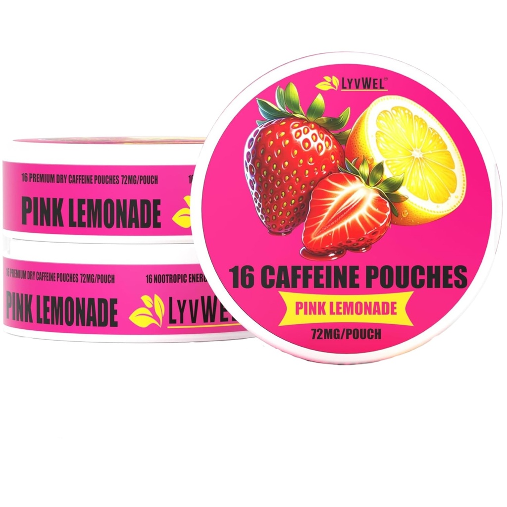 LyvWel 72mg Kofeina Energia Pouches 124; Nootropowe Focus & Neuro Wsparcie 124; 3-Pack z 16 Pouches Per Can Bear 124; Tobacco-Free, Nikotyna-Free, Quick Energy Solution (3 Pack, Pink Lemonade)