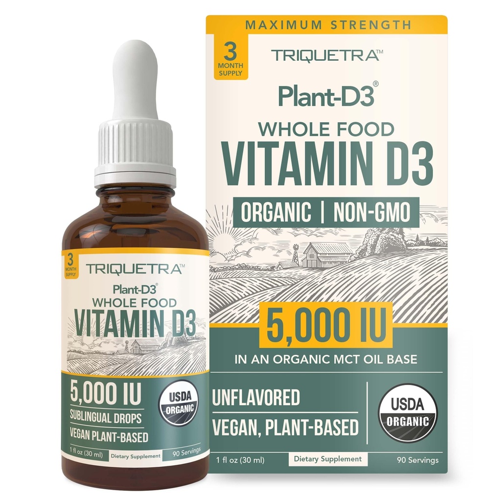 Plant- D3 Organiczna witamina D3 5000 j. m. - Wegańska, Max Siła Podjęzykowa Płyn D3 Krople - 200% Wyższa Wchłanianie - 100% Forma Cholekalcyferolu w oparciu o plant- Regulowana dawka przez wszystkie wieki (1oz Płyn)