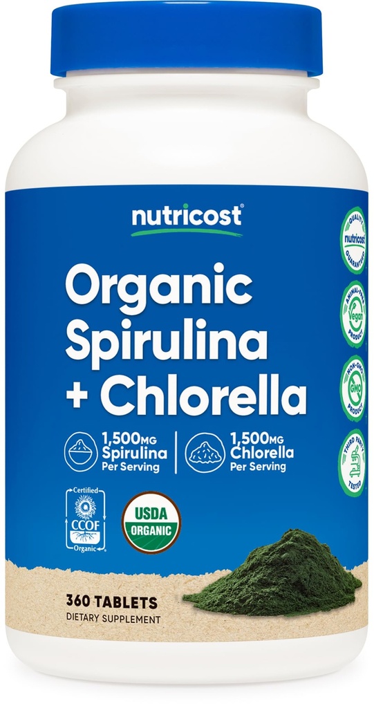 Nutricost Organic Spirulina + Chlorella (3,000mg) 360 Tablets - USDA Organic, 1,500mg Spirulina, 1,500mg Chlorella, Wegan, GMO- Free, Gluten- Free, 60 Servings