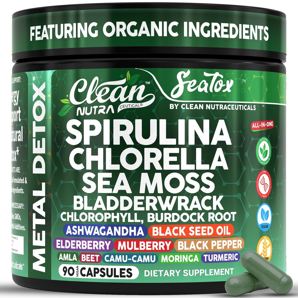 Sea Tox Organic Spirulina i Chlorella Kapsułki Natural Cleansing & Nourishment Sea Moss Bladderwrack Chlorophyll Burdock Root Ashwagandha Turmeric 90 Vegan Black Seed Oil Capsules By Clean Nutra