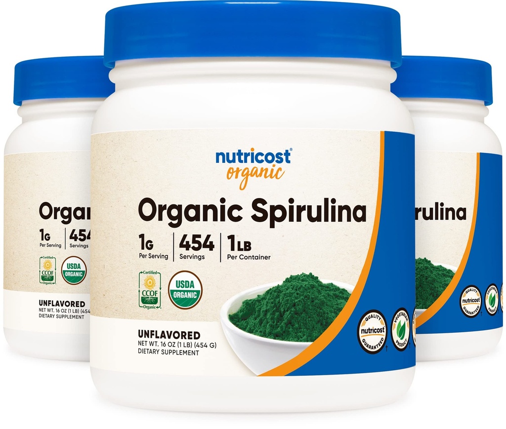 Nutricost Organic Spirulina proszek Unflavored, 1LB Pojemnik na 454 Słupki (3 Butelki) - Wegan, GMO Free i gluten Free