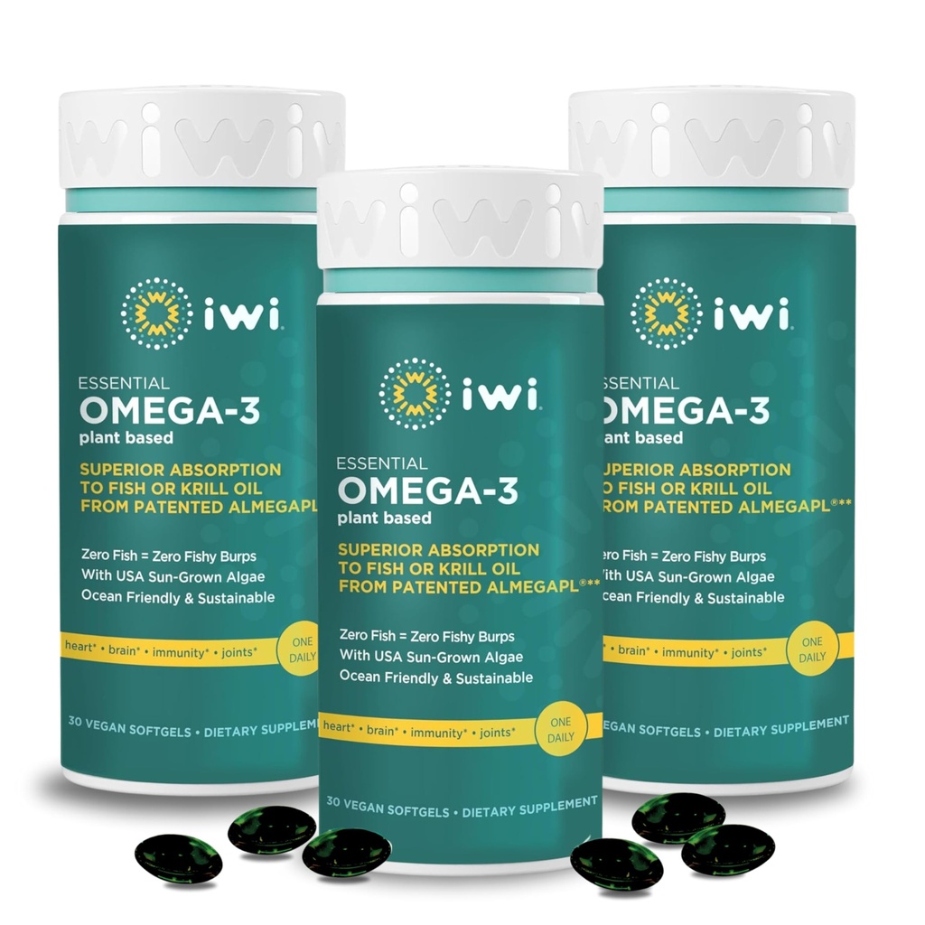 Iwi Omega-3 Essential, 90 Softgels (90 Servings), Algae Omega 3 na bazie plantacji z EPA + DHA, Mózg, Heart & Immune Support Dietary Supplement, Kryll & Fish Oil Alternative, No Fishy Aftertaste