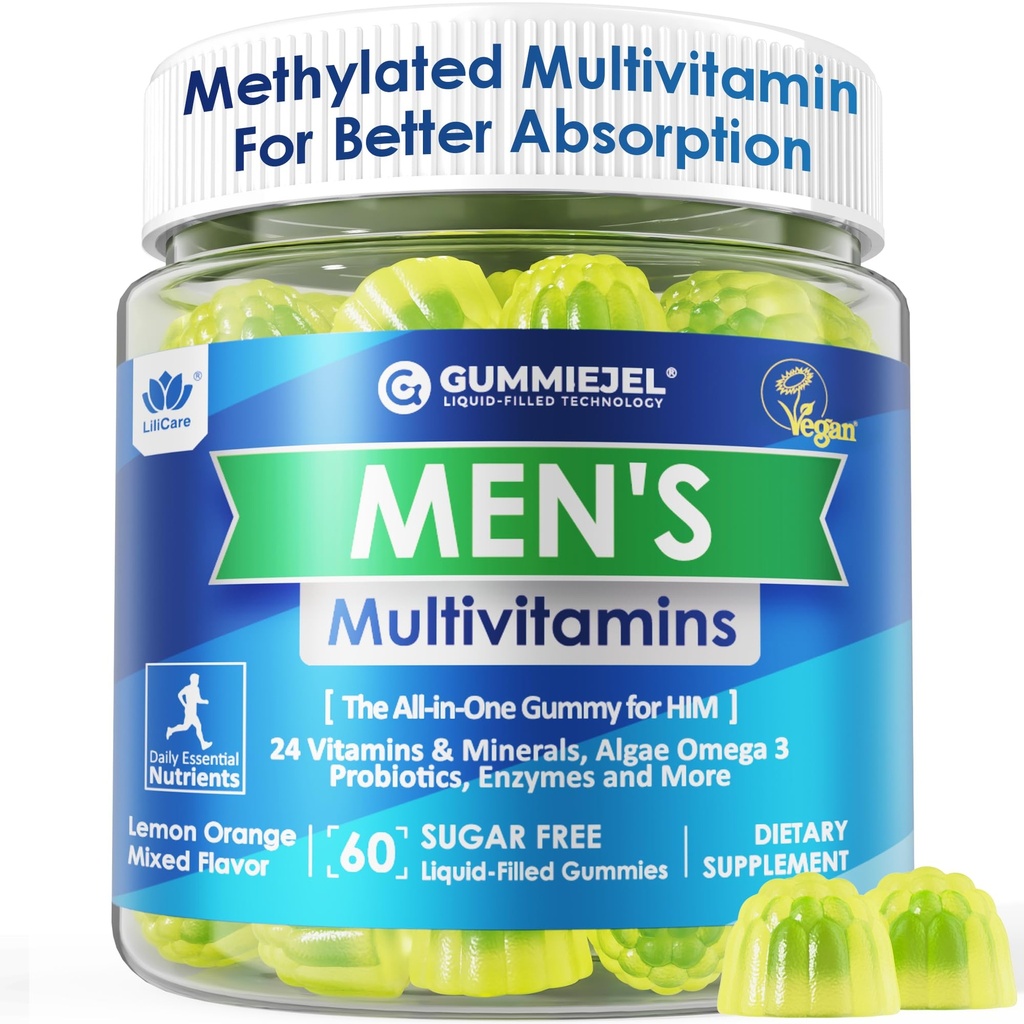 Mens Multivitamin Gummies, Metylowany Multivitamin dla mężczyzn, B Complex, Minerały, Wegan Omega 3, Probiotyk, Enzym, Przeciwutleniacze dla mężczyzn Kompletne Daily Support, Cukier wolny, Wegan (No Iron) 60 Liczby