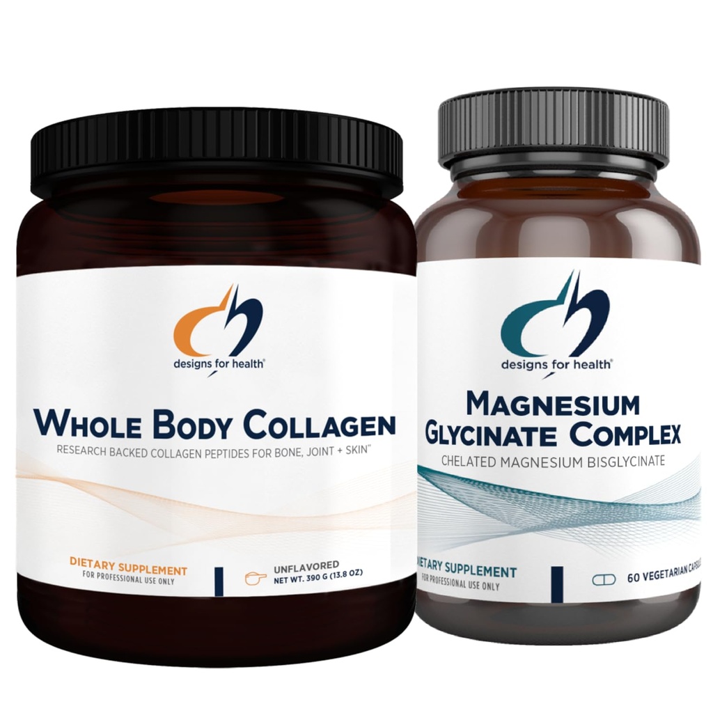 Designs for Health Magnezu Glycinate Complex (60 Kapsułek) & Kolagen całego ciała (30 Sług) Bundle - Wysoka absorpcja Magnezu z Premium Kolagen Proszek do wspierania kości, Skóra i łączniki