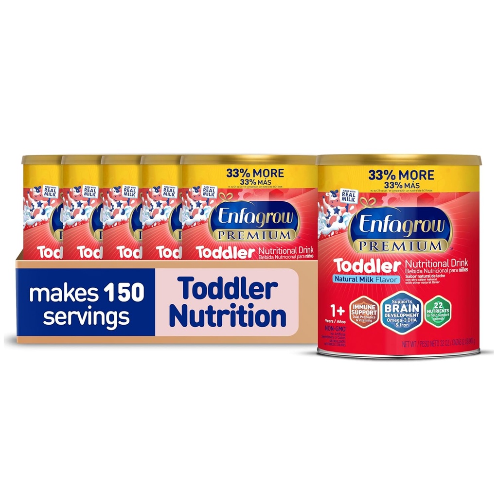 Enfagrow PREMIUM Toddler Nutritional Drink, Made with Real Milk, Brain- Building Omega-3 DHA, Nutrigents and Prebiotics for Growth & Immune Support, Non-GMO, Toddler Milk Powder, 32 Oz Can, 6 Count