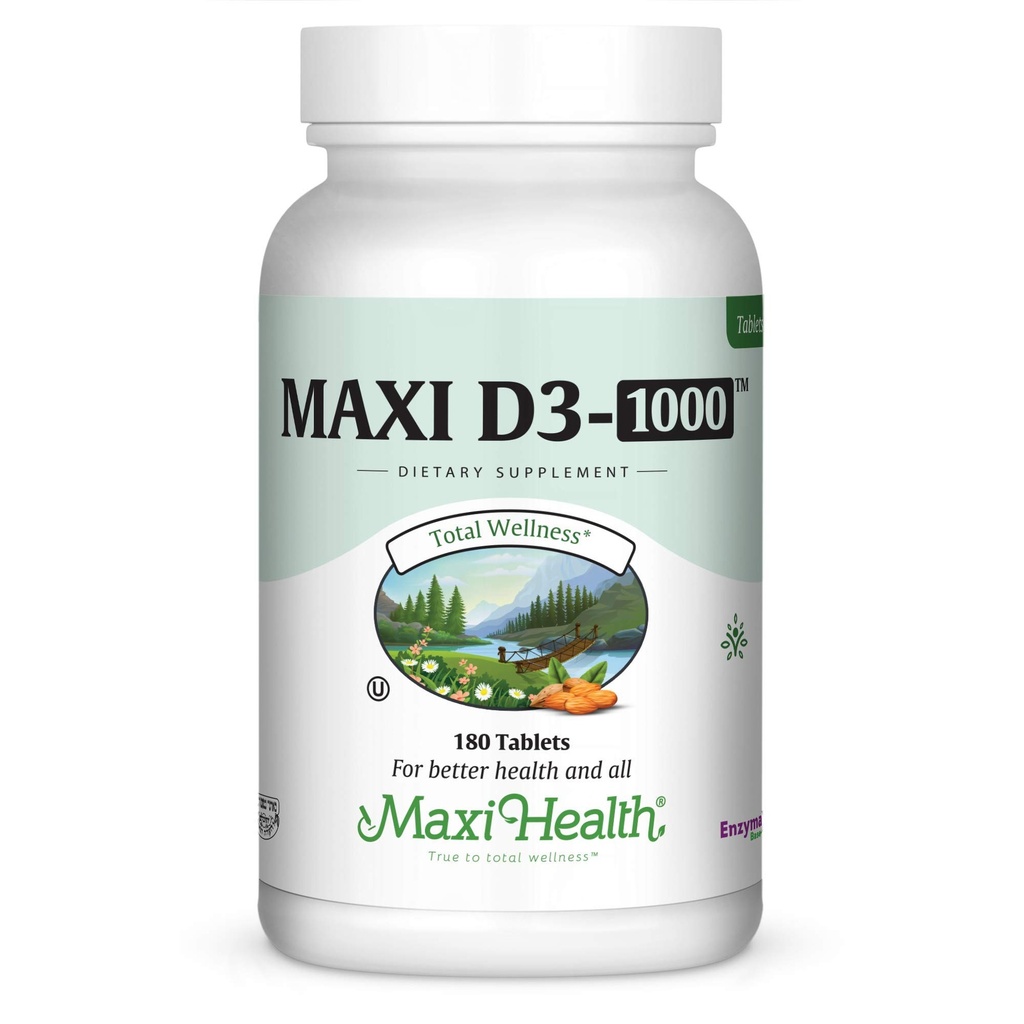 Maxi Health Vitamin D3 1000 IU Dietary Supplement - Easy to Swallow - Odorless & Tasteless - Supports Calcium Absorption, Immune Health and Bone Health in Adult Women & Men - 180 Tablets